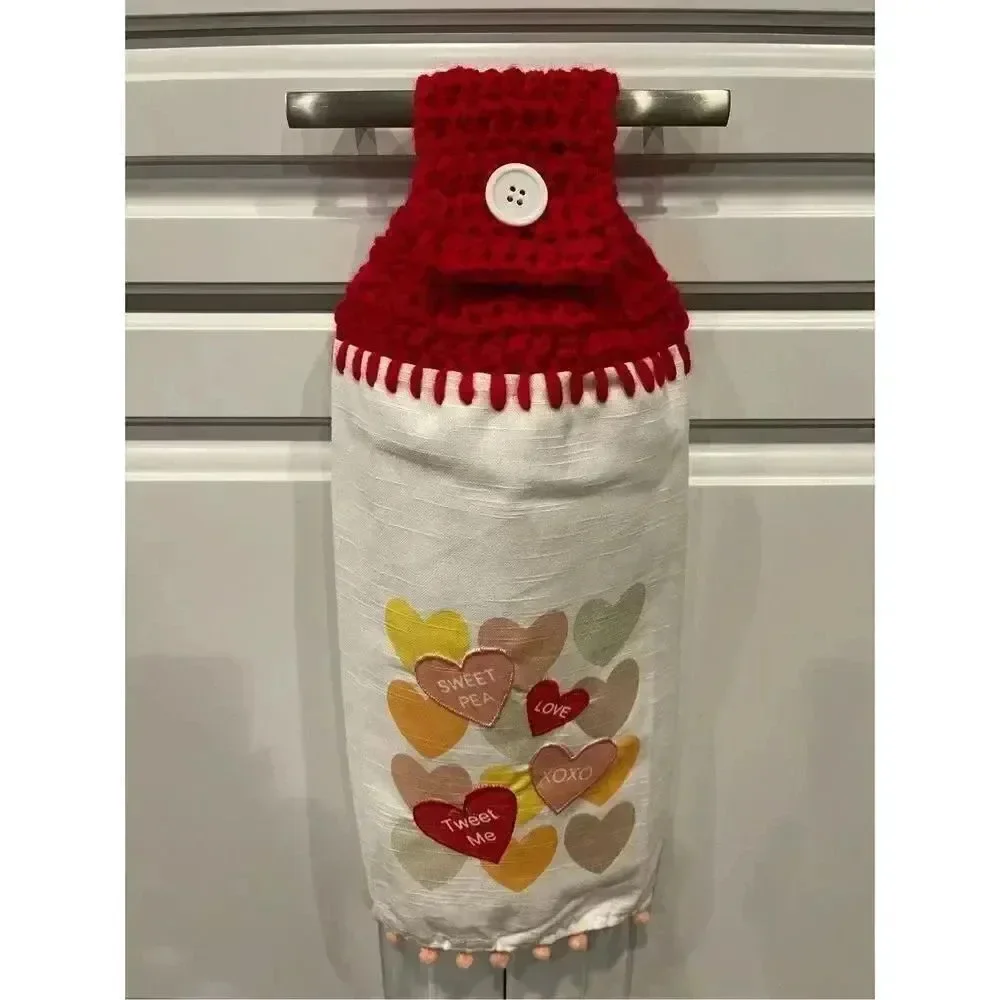 Crochet Top Kitchen Towel- Candy Hearts